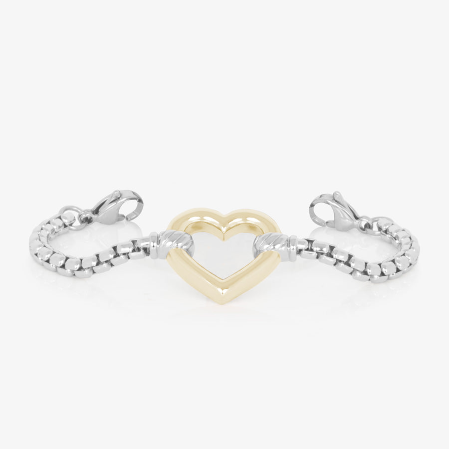 Silver Medical ID box chain bracelet with rose gold open heart charm.