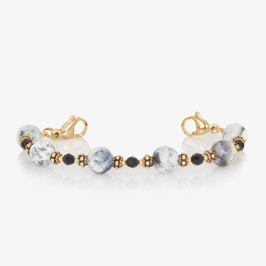 Dendritic opal, black crystal, and gold beaded medical ID bracelet finished with gold tone stainless steel lobster clasps at each end.