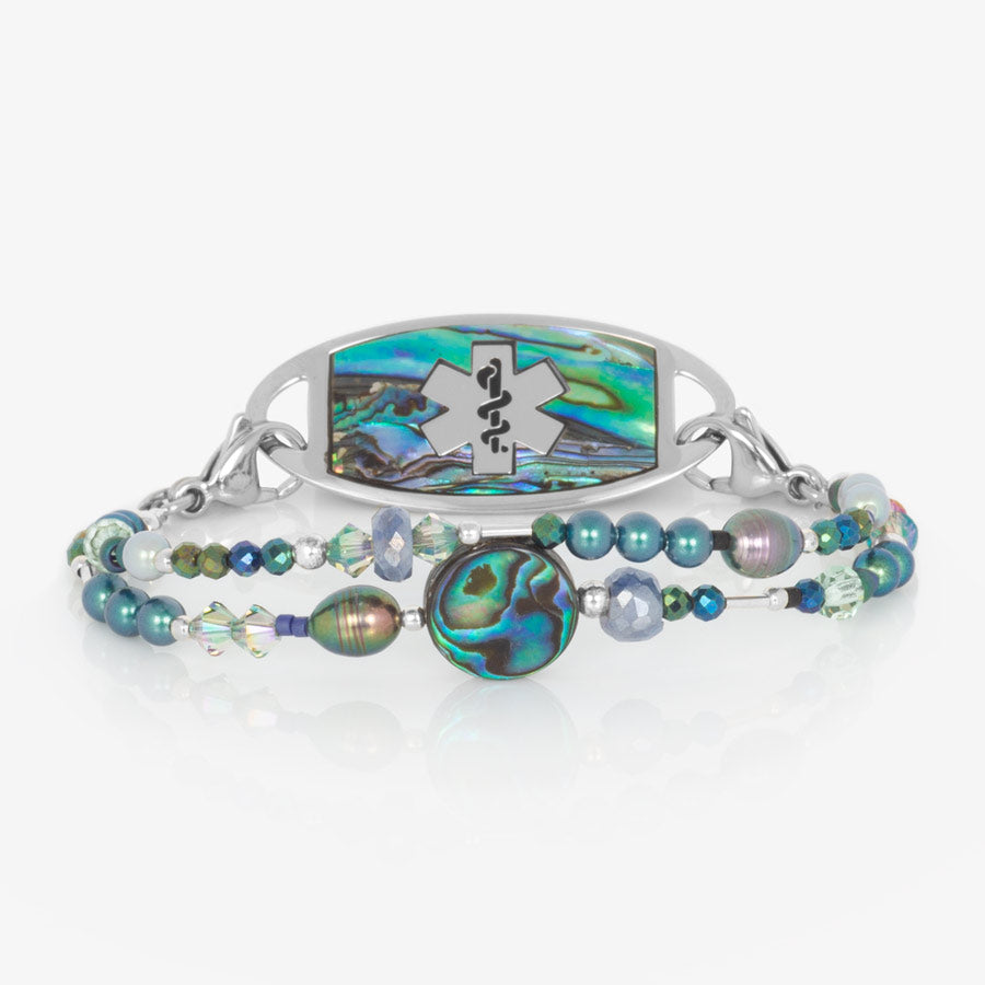 Abalone, blue, and silver multi-stranded beaded medical ID bracelet paired with stainless steel medical ID tag with abalone inlay.