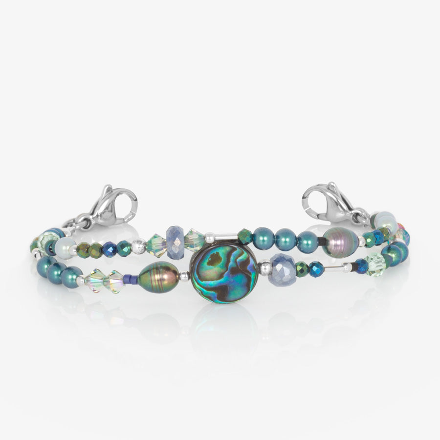 Abalone, blue, and silver multi-stranded beaded medical ID bracelet finished with stainless steel lobster clasps at each end.