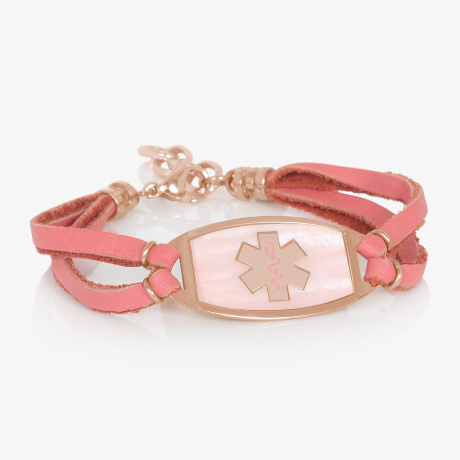 Medical ID bracelet with pink leather band and rose gold with pink mother of pearl medical ID tag