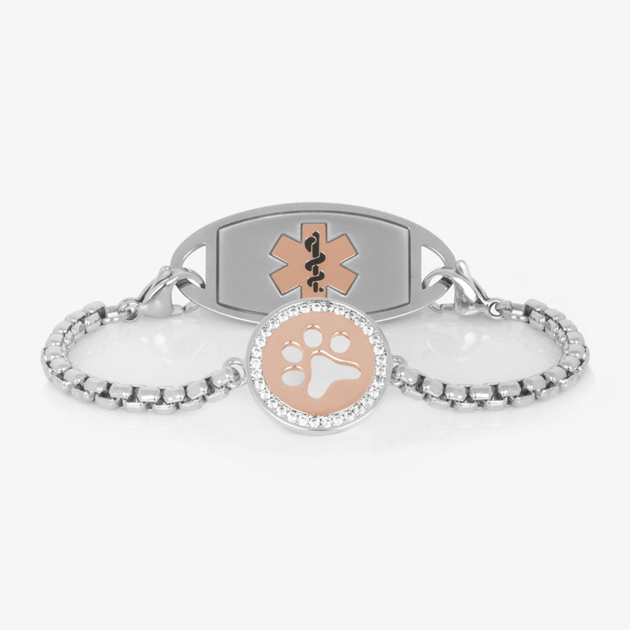 Silver and rose gold medical ID chain with paw print medallion with pave set crystals