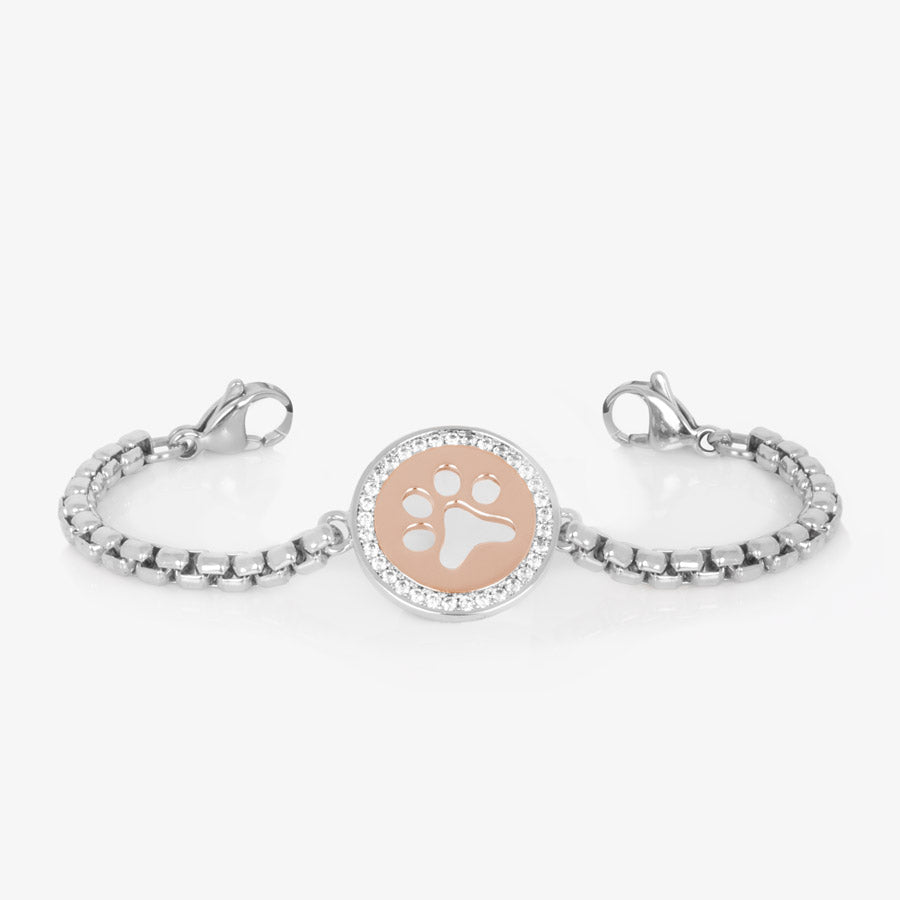 Rose gold and silver medical alert chain with paw print charm and stainless steel lobster clasps