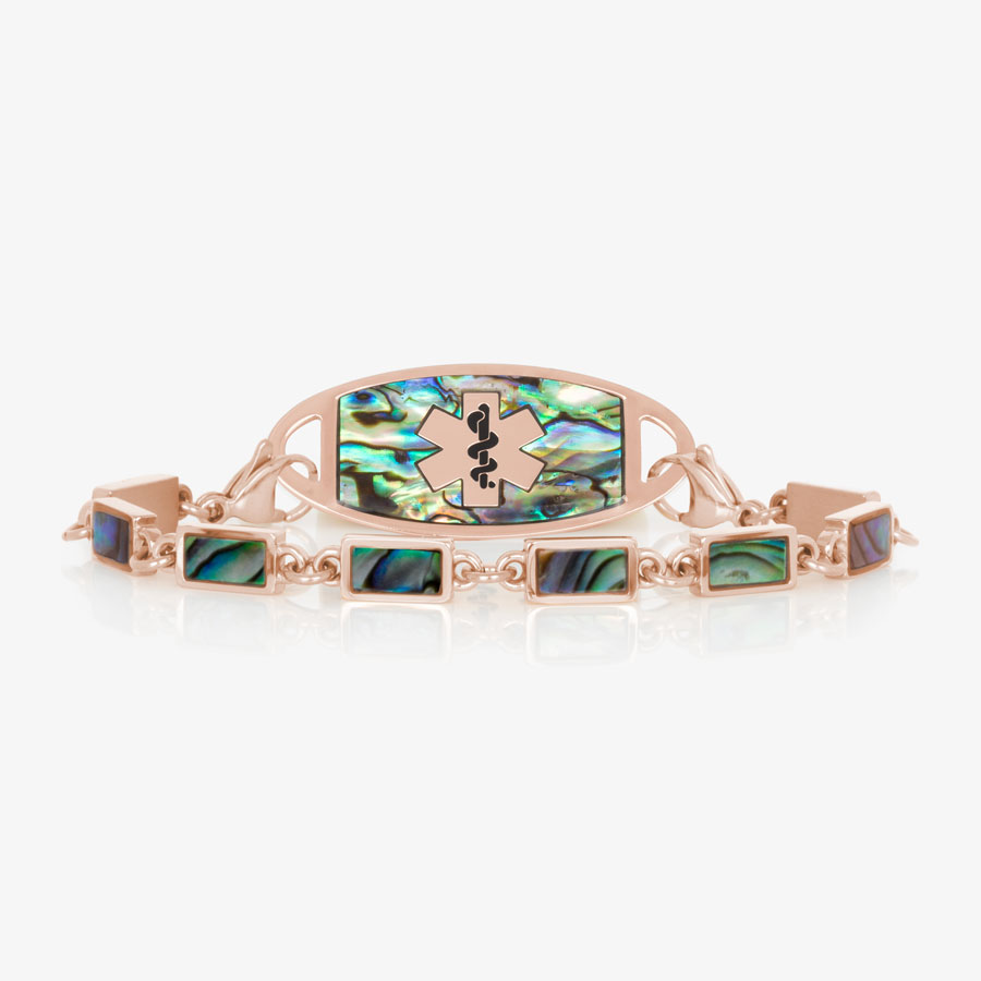 Medical ID chain bracelet in rose gold with blue and green abalone inlay