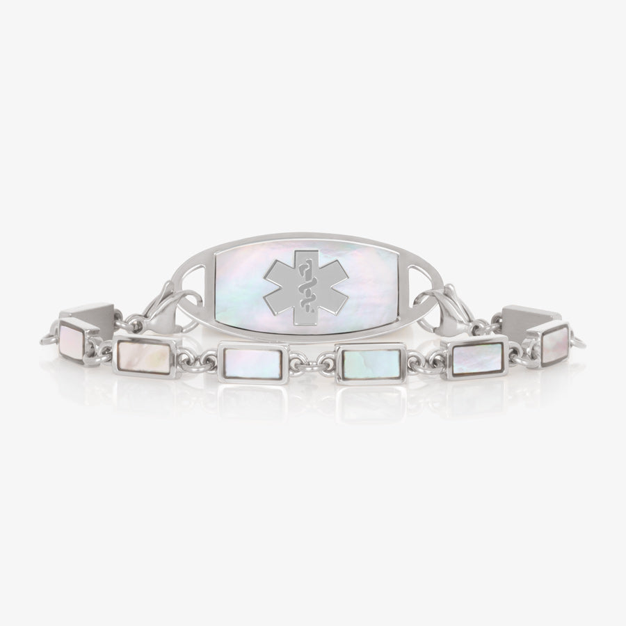 Medical ID chain bracelet with mother of pearl inlay on links and medical alert tag