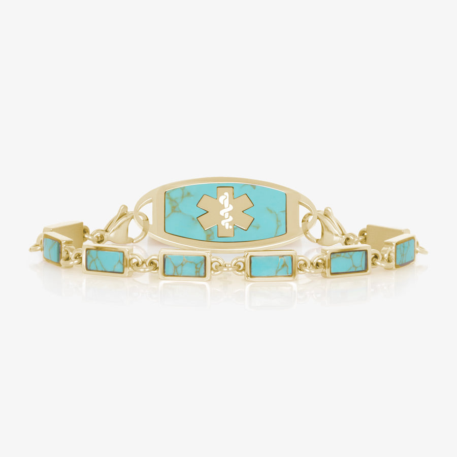 Medical ID chain bracelet with turquoise and gold links and blue turquoise medical ID tag