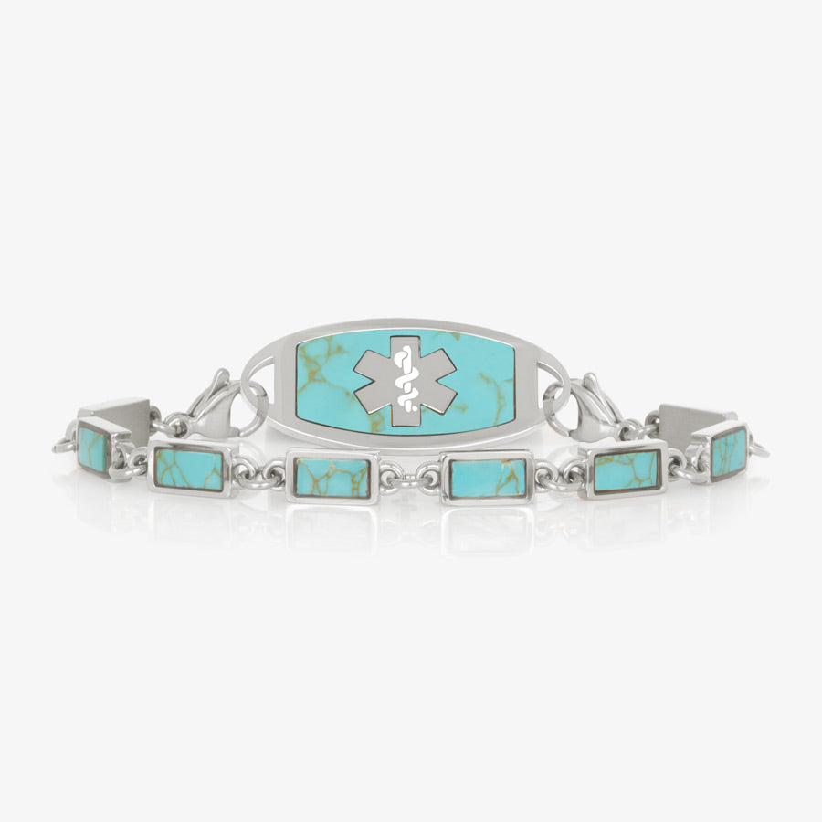 Turquoise and silver medical ID chain bracelet with turquoise and silver medical ID tag