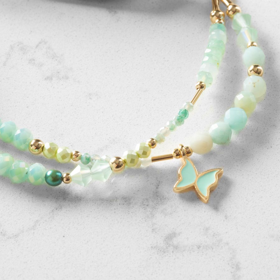 Gold and Mint butterfly charm on two strand beaded medical ID bracelet.