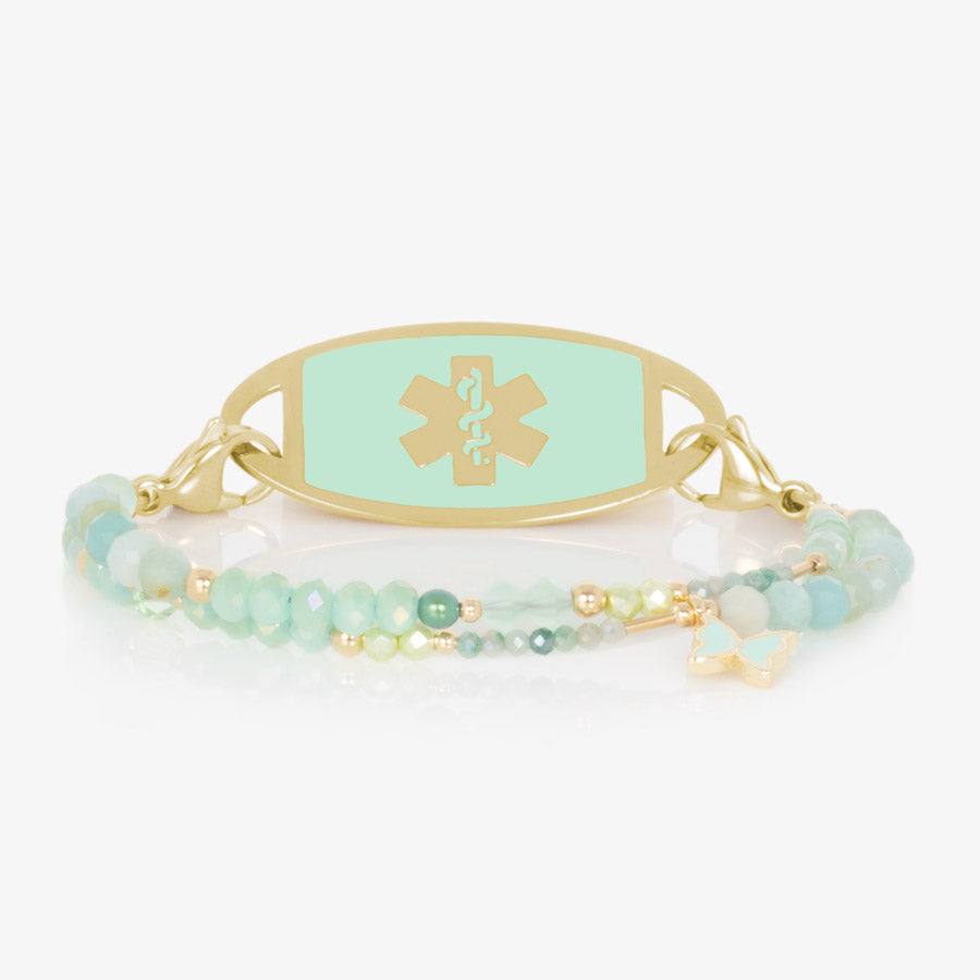 Beaded mint green and gold medical ID bracelet for women with butterfly charm