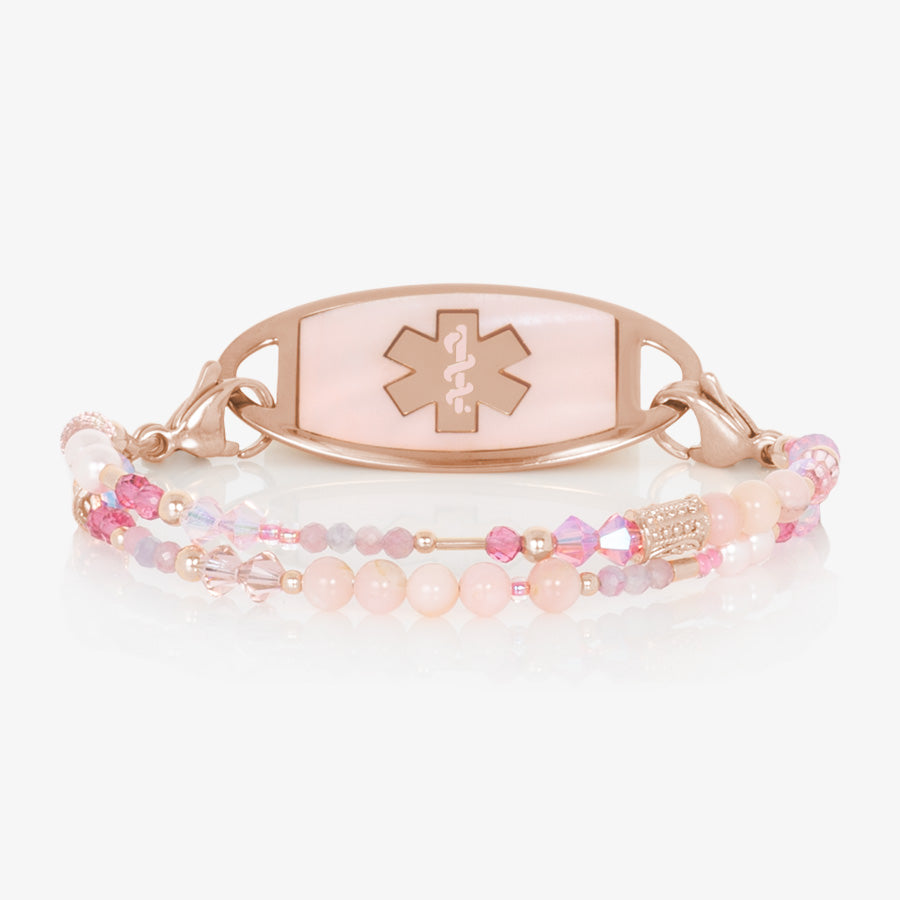 Rose gold and pink medical ID bracelet with pink beads and pink mother of pearl medical alert tag