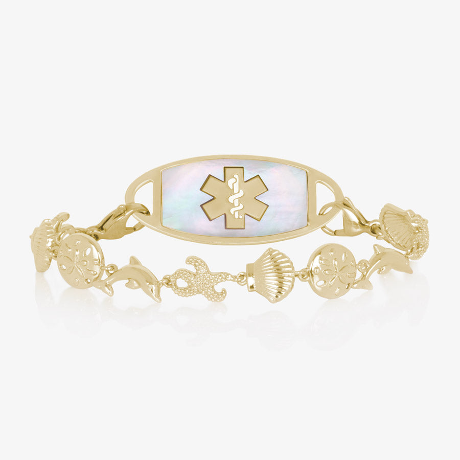 Gold sea life medical ID bracelet with mother of pearl medical alert tag