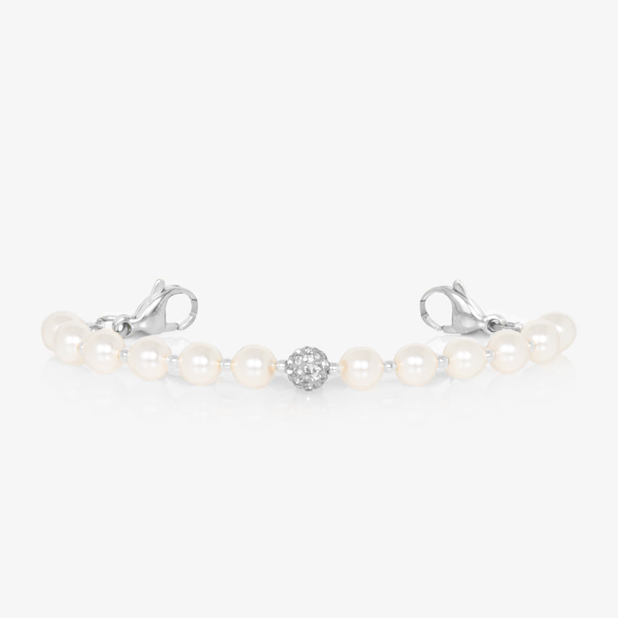 Pearl and sterling silver stretch medical ID bracelet with sparkly silver centerpiece.