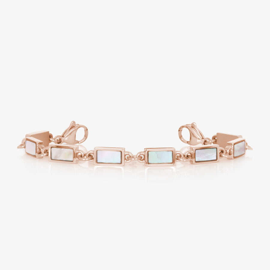 Single strand medical alert bracelet with rose gold links and mother of pearl inlay