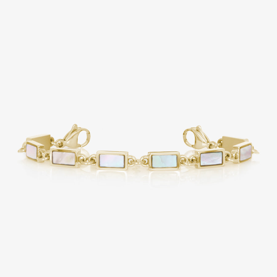 Single strand medical alert bracelet with yellow gold links and mother of pearl inlay