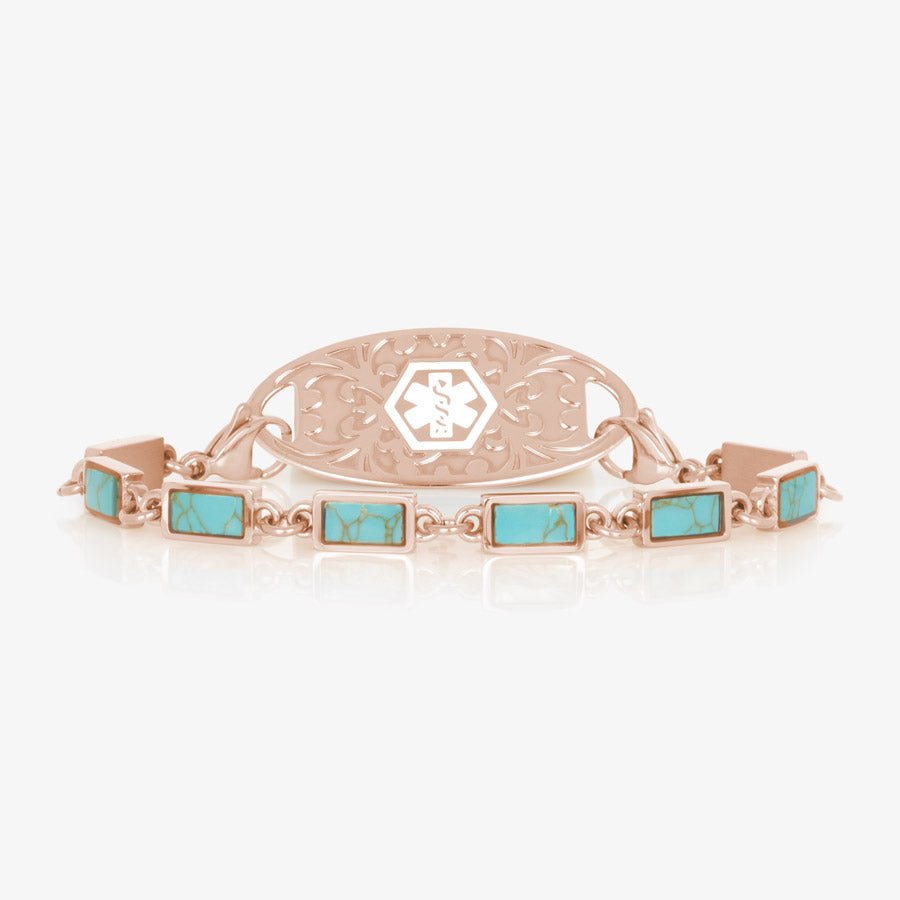 Medical ID chain bracelet with turquoise and rose gold links and decorative medical ID tag.