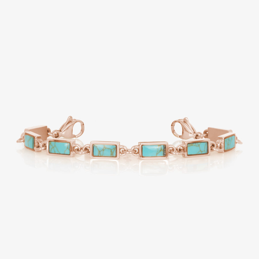 Medical ID chain bracelet with turquoise and rose gold links.