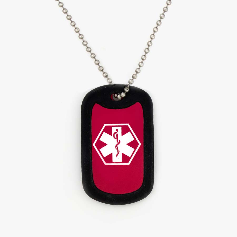 Red aluminum dog tag with white medical symbol and black silicone silencer on stainless steel ball chain