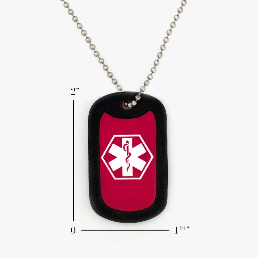 Red Medical ID Dog Tag Necklace. Scale of 1.25” x 2” red aluminum dog tag with white caduceus, black silencer, 24-inch chain