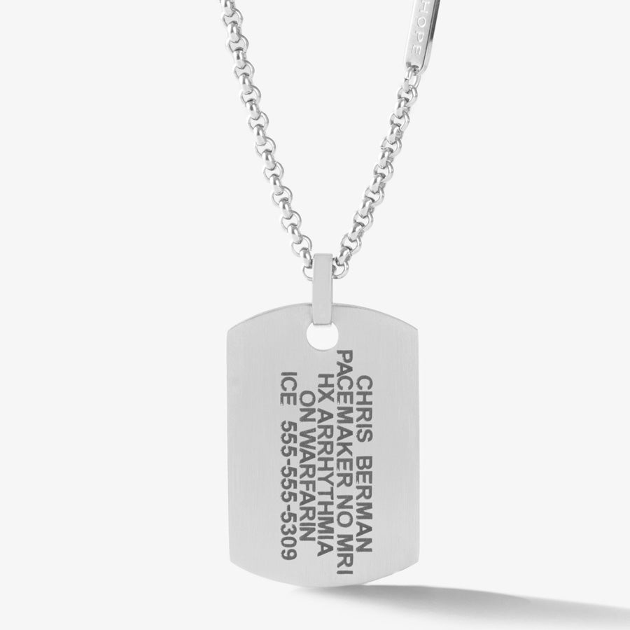 Custom laser engraved medical ID alert necklace in stainless steel