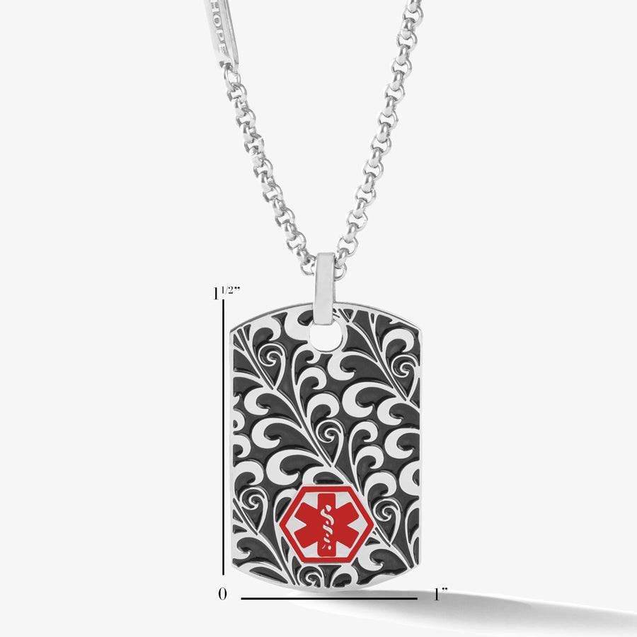 Scale of Filigree Medical Alert Dog Tag Necklace. 1" by 1-3/4" stainless, antique finish, Celtic pattern, red caduceus. Chain