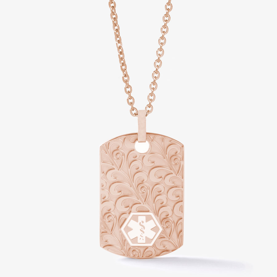 Rose Gold Tone Filigree Dog Tag Necklace, plated stainless dog tag with intricate scroll design on 23-inch plated ball chain