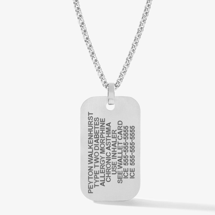 Premium Laser Engraving shown on the back of Donovan medical alert dog tag necklace for men