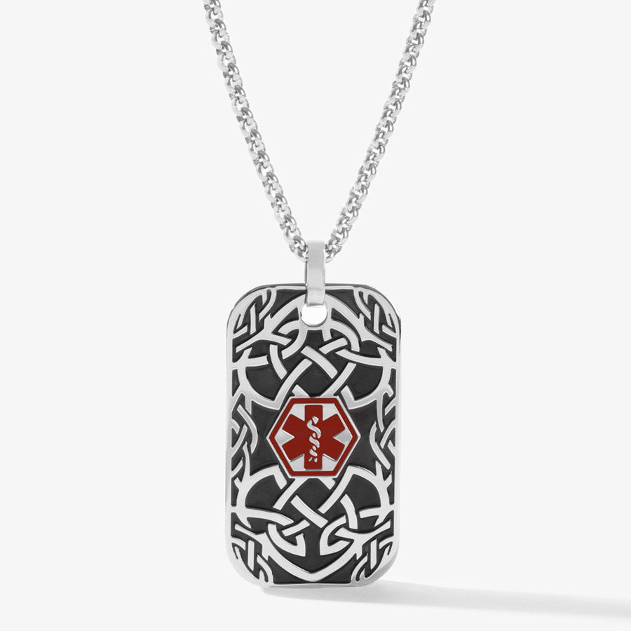 Dog tag medical alert necklace with thorn pattern patina inlay and silver stainless steel chain