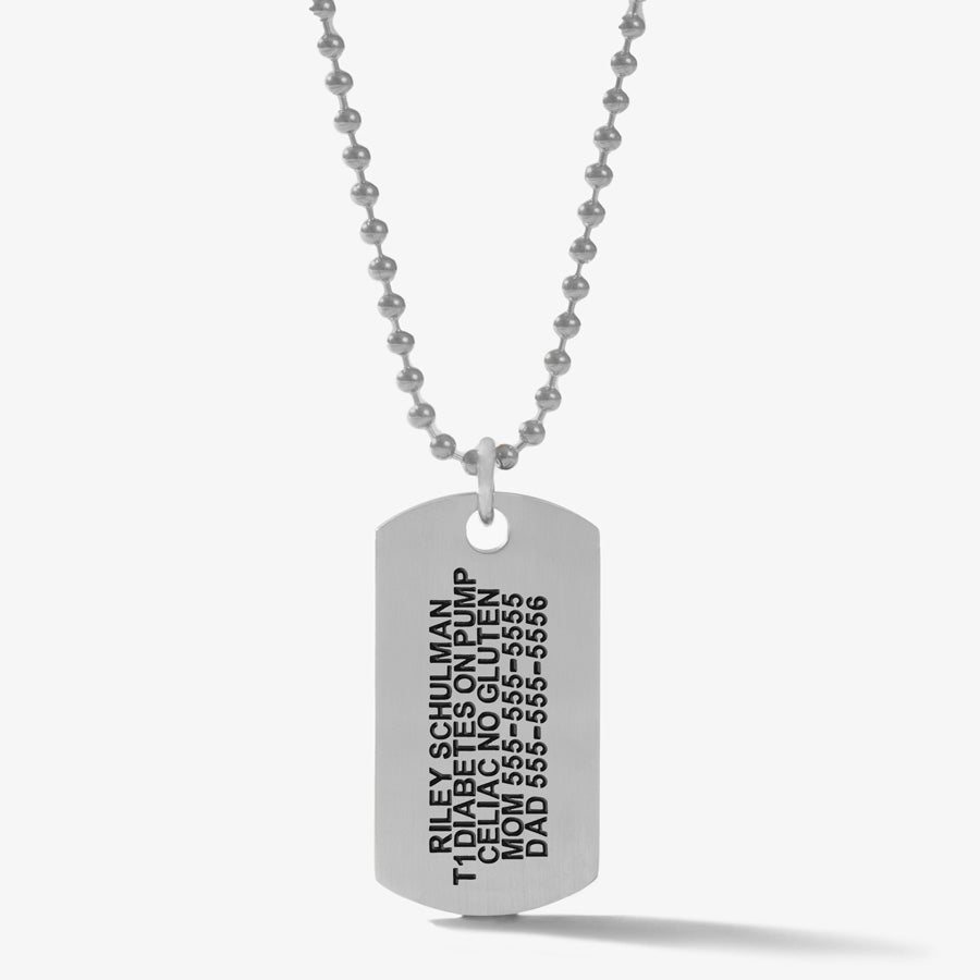 Back side of Safe T Rex Medical ID Necklace, showing premium laser engraving