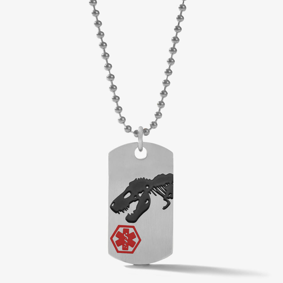 Medical alert dog tag necklace for children with dinosaur design and medical alert symbol