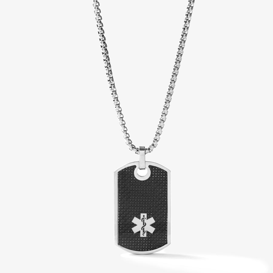 Black textured dog tag medical ID necklace with medical caduceus symbol and Rolo chain.