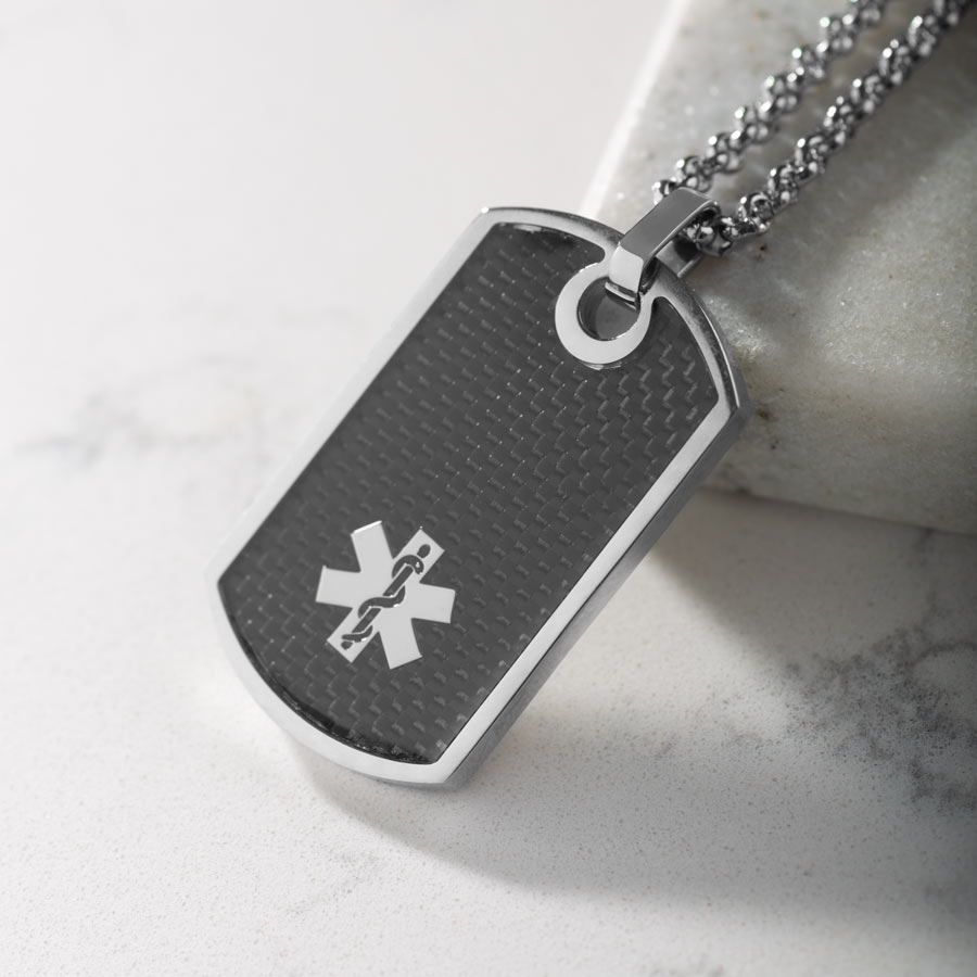 Black textured dog tag medical ID necklace with medical caduceus symbol and Rolo chain.