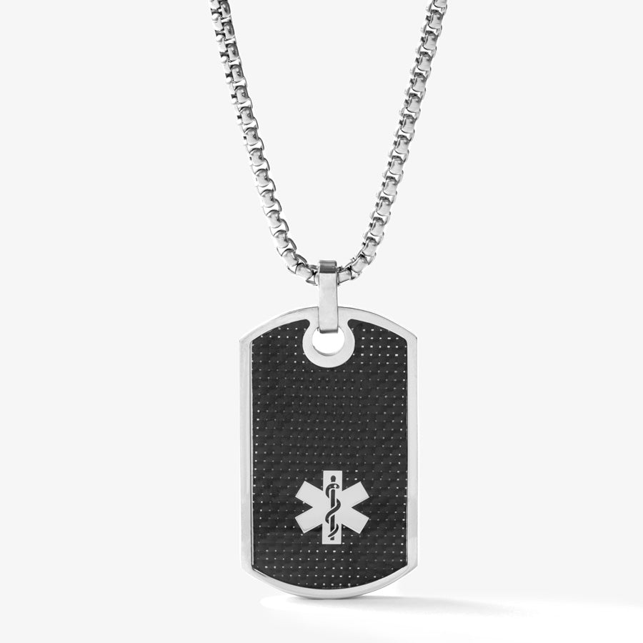 Medical ID dog tag necklace with black background and silver medical symbol