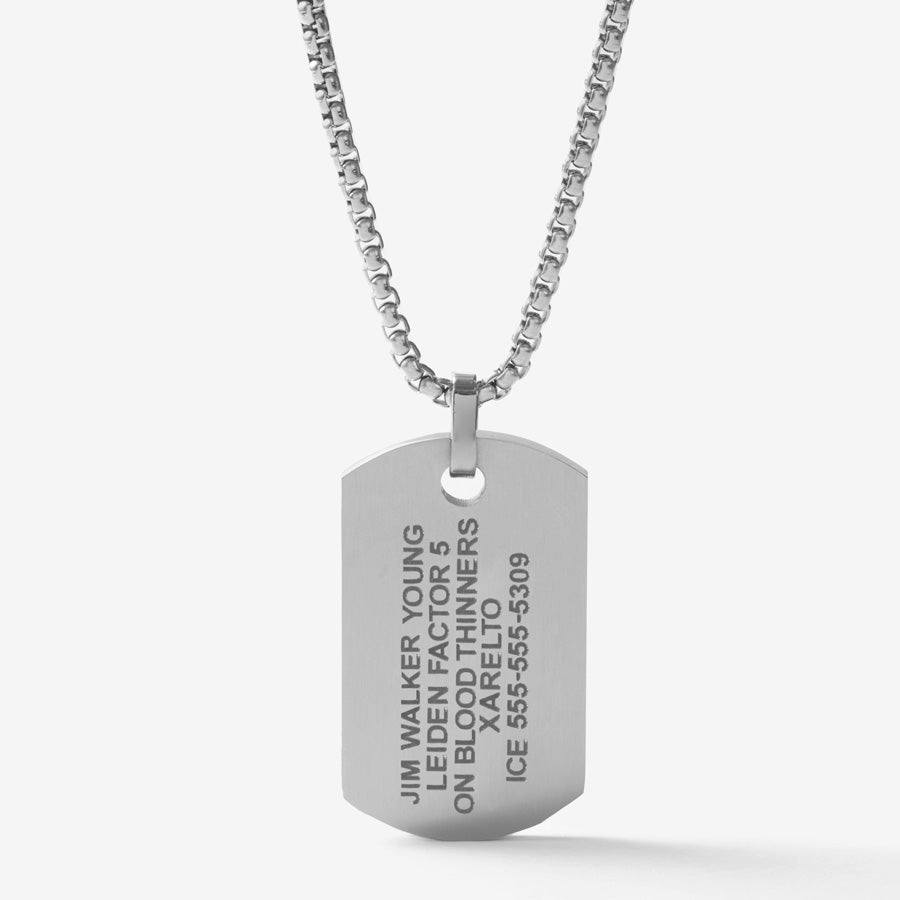 Laser engraved back of stingray medical ID dog tag alert necklace