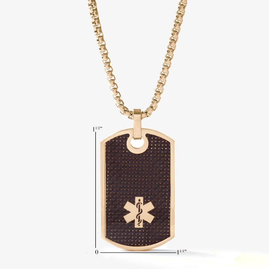 Measurement showing size of Gold tone medical ID dog tag necklace with black decorative inlay on a gold tone rolo chain.