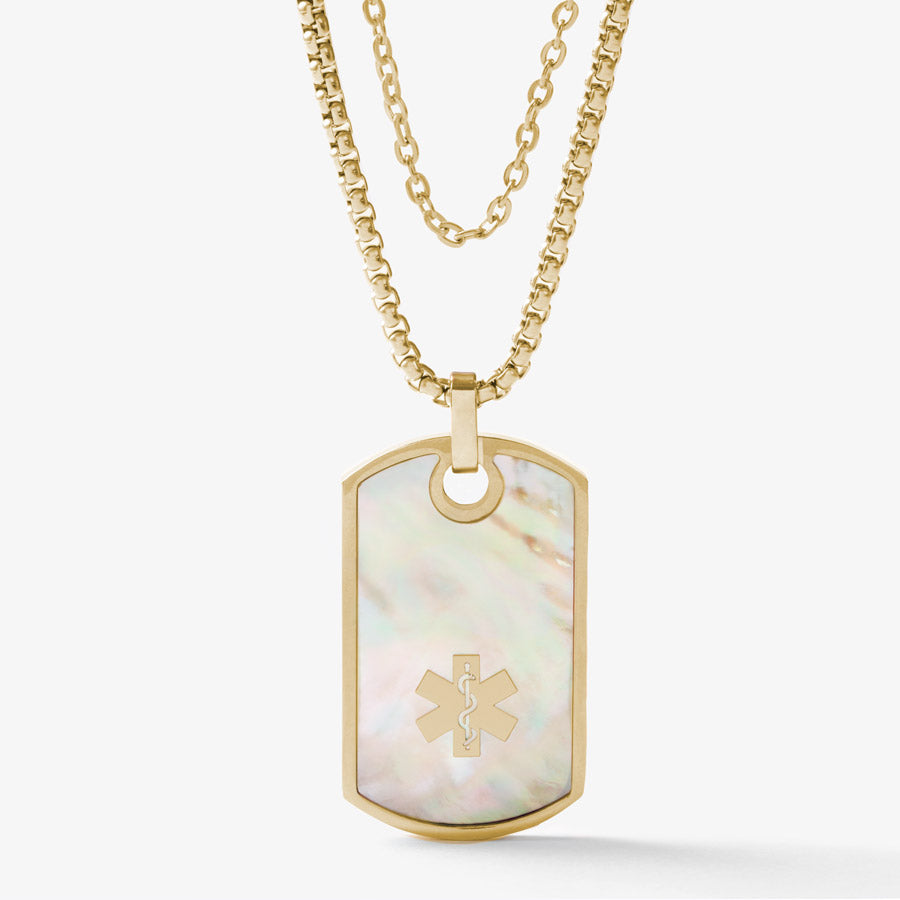 14K gold tone medical ID dog tag with mother of pearl inlay on a gold tone snake chain layered with gold tone accent chain.