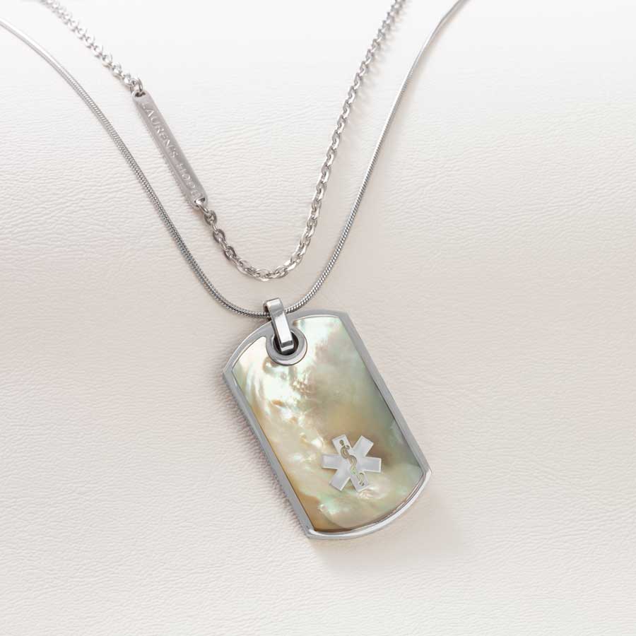 Mother of pearl inlay on medical ID dog tag necklace for women artfully draped