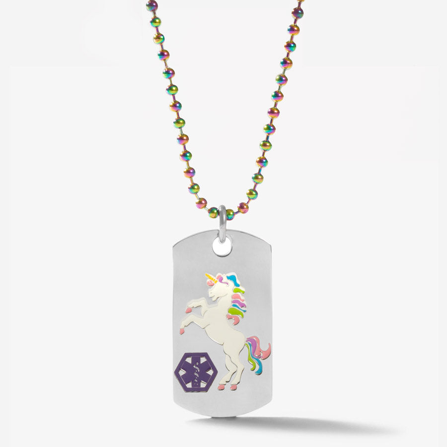 Stainless steel medical ID dog tag necklace with magic finish ball chain and enamel unicorn pattern with purple medical caduceus symbol.