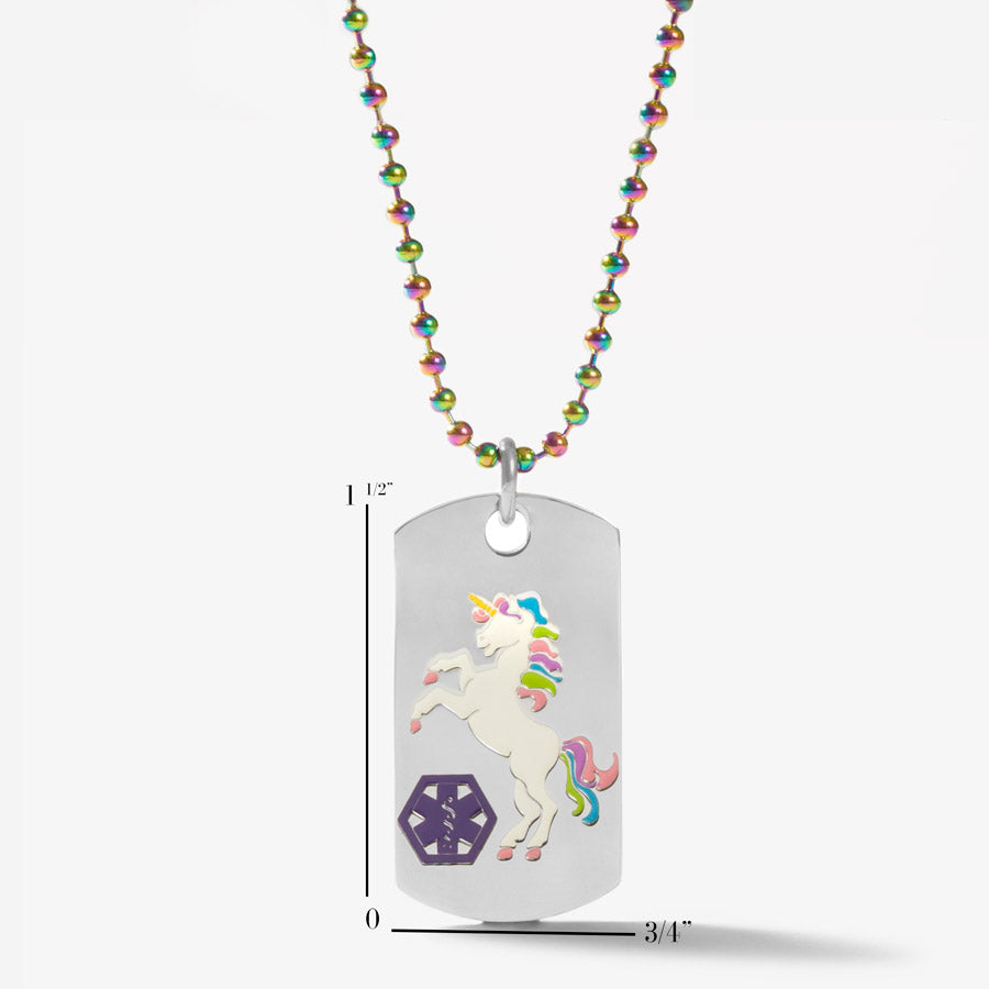 Stainless steel medical ID dog tag necklace with magic finish ball chain and enamel unicorn pattern with purple medical caduceus symbol with measurements.