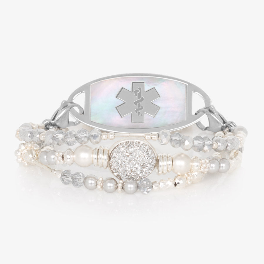 Sparkling silver crystal and pearl medical alert bracelet with silver beads and decorative ID tag