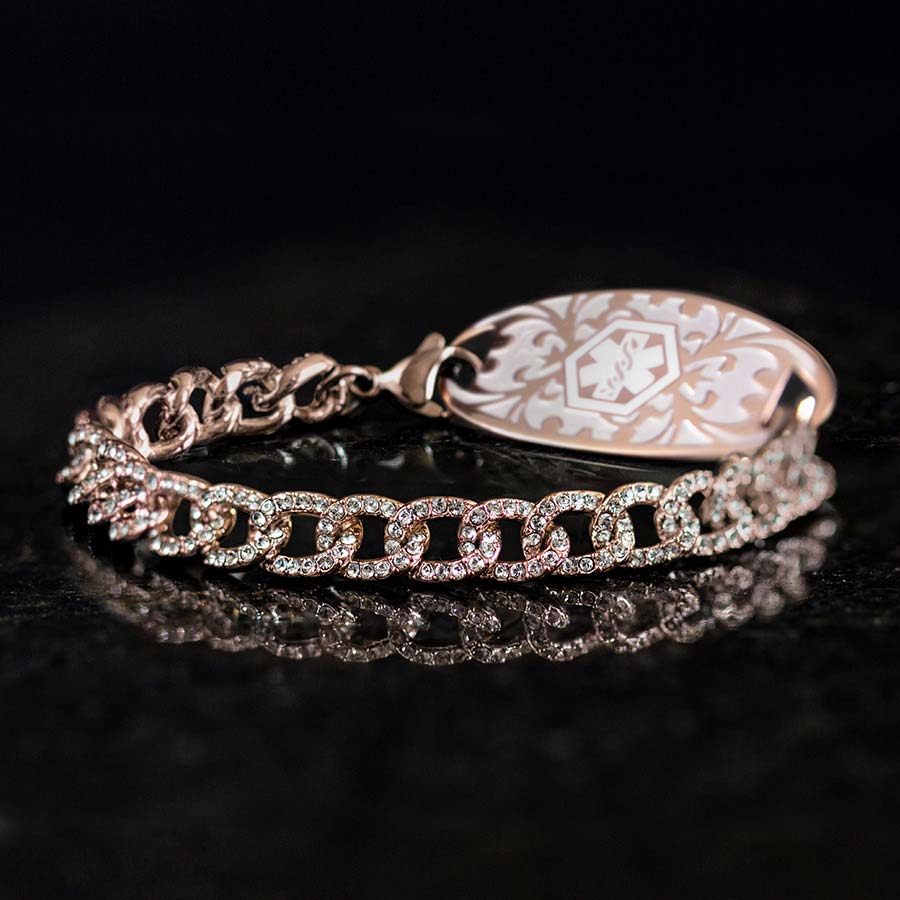 Close up image of bridle chain in rose gold