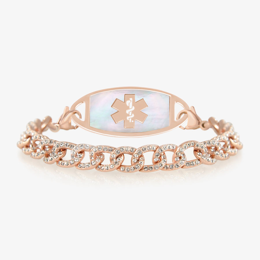 Rose gold and crystal medical ID alert chain bracelet in curb style with mother of pearl medical ID tag