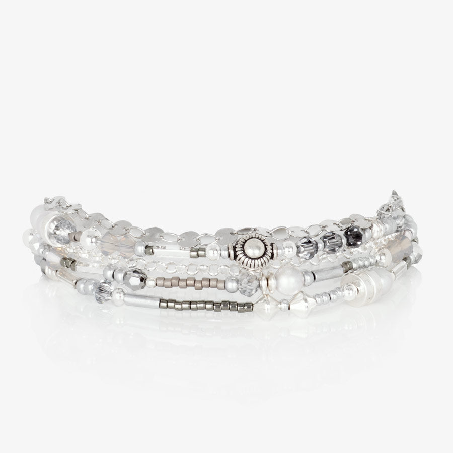 Beaded medical alert bracelet with silver tone and gray beads and pearls