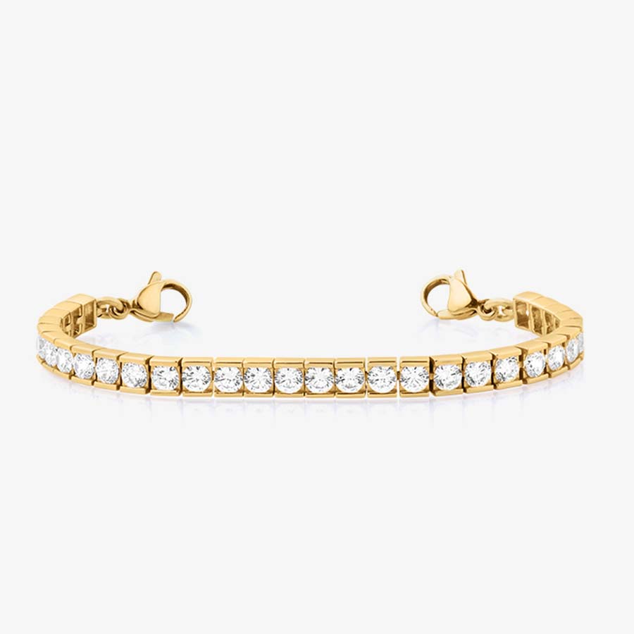 12 karat gold plated medical ID tennis bracelet with clear cubic zirconia crystals and gold tone stainless steel lobster clasps at each end.