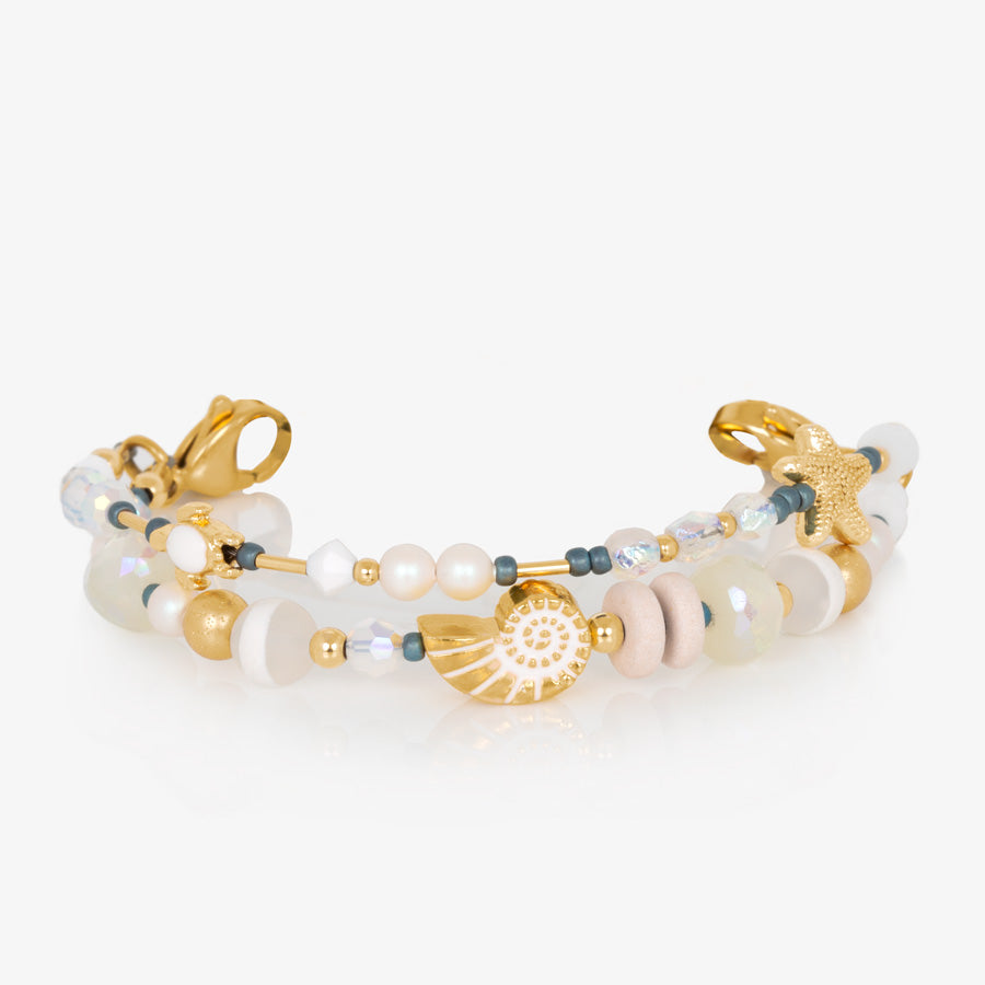 Crystal and pearl beaded medical ID bracelet with sea themed focal beads and gold tone stainless steel lobster clasps at each end.