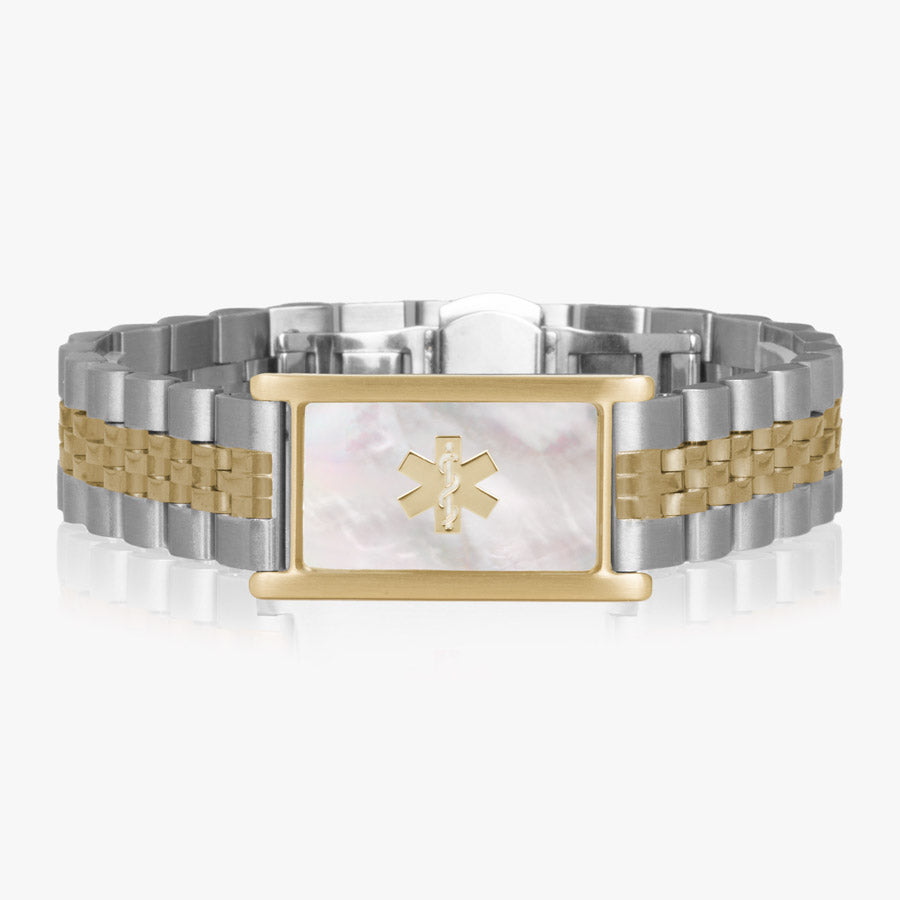 Two tone silver and gold linked bracelet with gold mother of pearl inlay tag and push button butterfly closure.