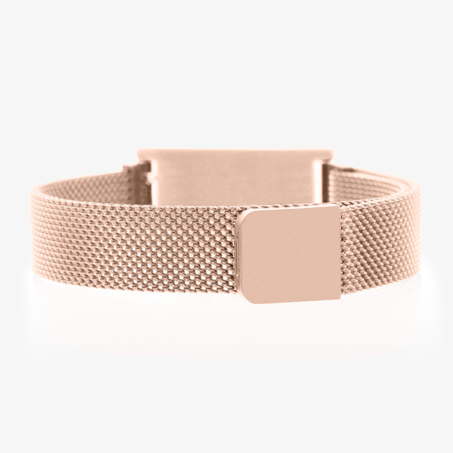 The back side of the rose gold tone stainless steel medical ID bracelet with adjustable mesh band and magnetic clasp.