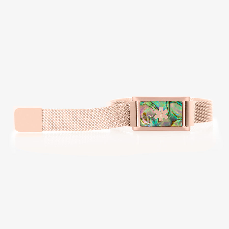 Front of rose gold and abalone medical ID bracelet with extended mesh band