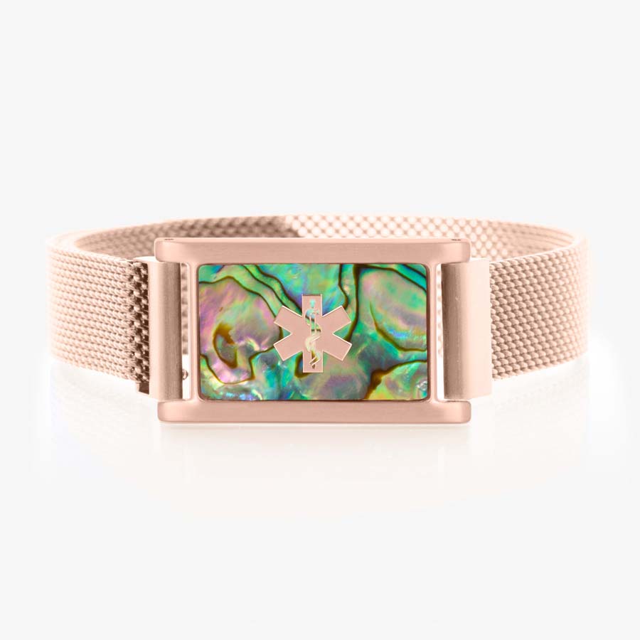 Rose gold and abalone medical ID bracelet with fully adjustable mesh band and magnetic closure