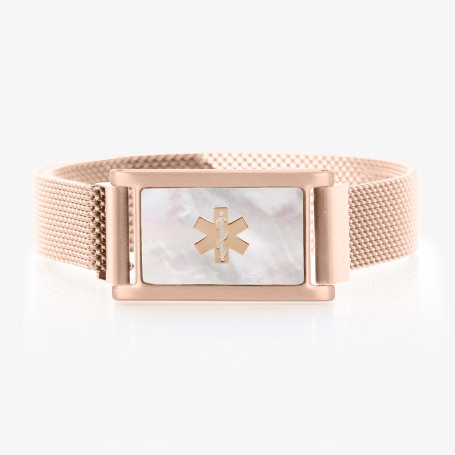 Rose gold, adjustable, stainless steel magnetic mesh band paired with rose gold tone ID tag with natural mother of pearl inlay.