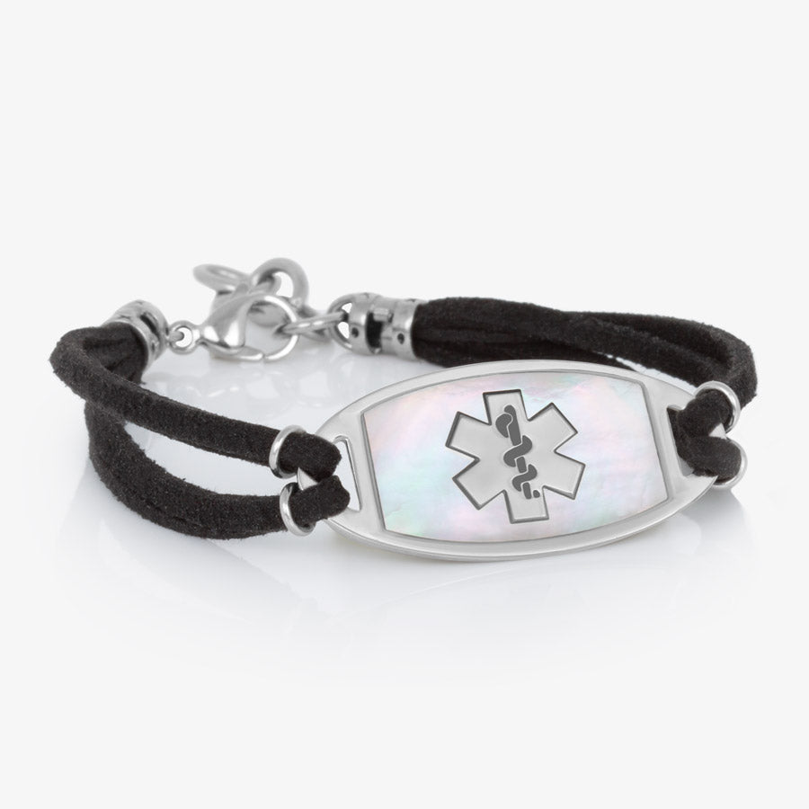 Black faux suede medical ID bracelet affixed to stainless steel medical ID tag with mother of pearl inlay and silver accents.